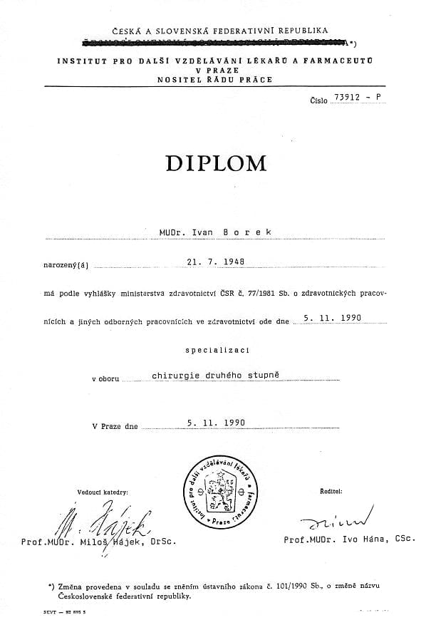 Diplom MUDr. Ivan Borek 1