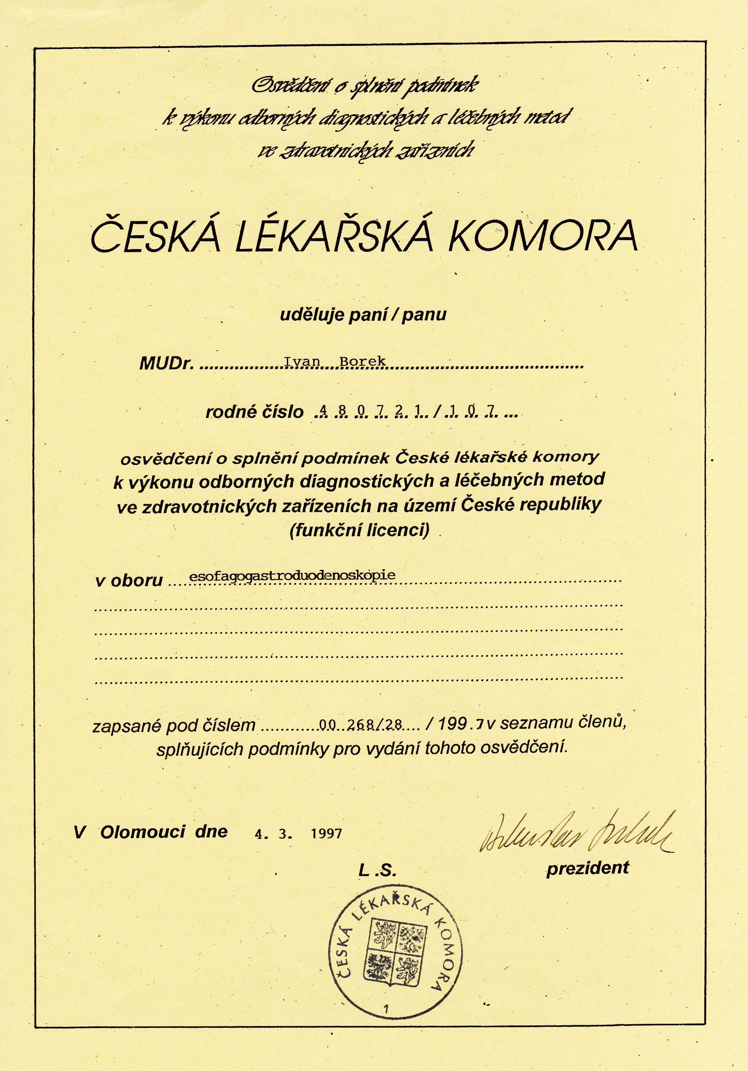 Diplom MUDr. Ivan Borek 3