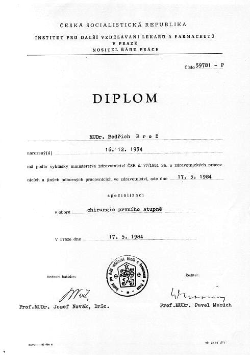 Diplom MUDr. Bedřich Brož 1