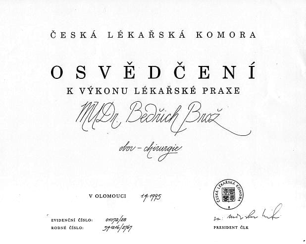 Diplom MUDr. Bedřich Brož 2