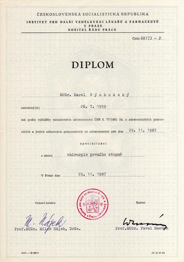 Diplom MUDr. Karel Východský 1