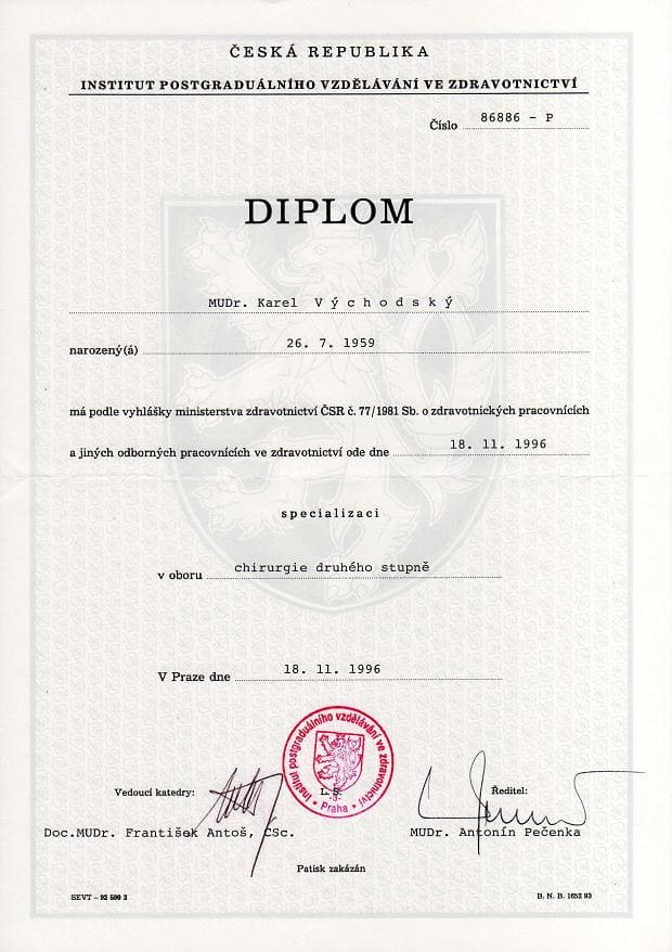 Diplom MUDr. Karel Východský 2